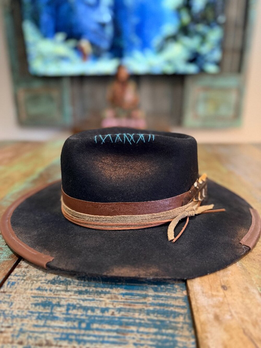 Chapolala Handmade Black Distressed Wool Felt Fedora Hat XL Leather Feather